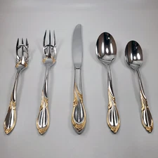 Yamazaki Cache Stainless Gold Accent Japan Flatware 5 Piece Place Setting Set