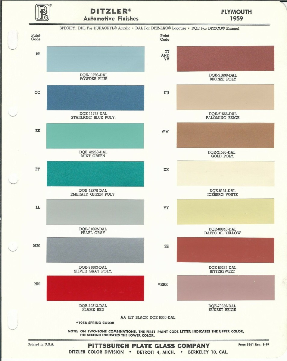 DANS LE PRE（1947年刷） 1959 1960 & 1961 PLYMOUTH PAINT CHIPS (DITZLER) | eBay