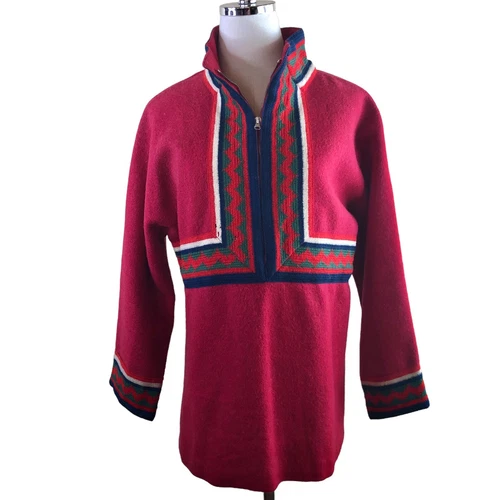 Vintage Nordic Ski Sweater Red Wool Knit 1/2 Zip High Neck Pullover Size Medium