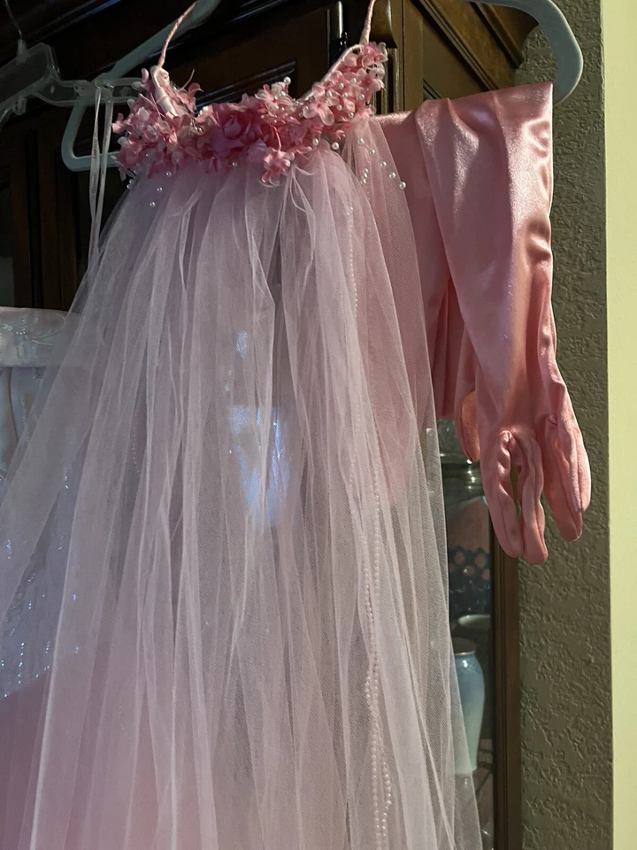 Michaelangelo Dyed Pink Strapless Tulle Wedding Dress Ball Gown Gloves Veil 10 - Image 4 of 4