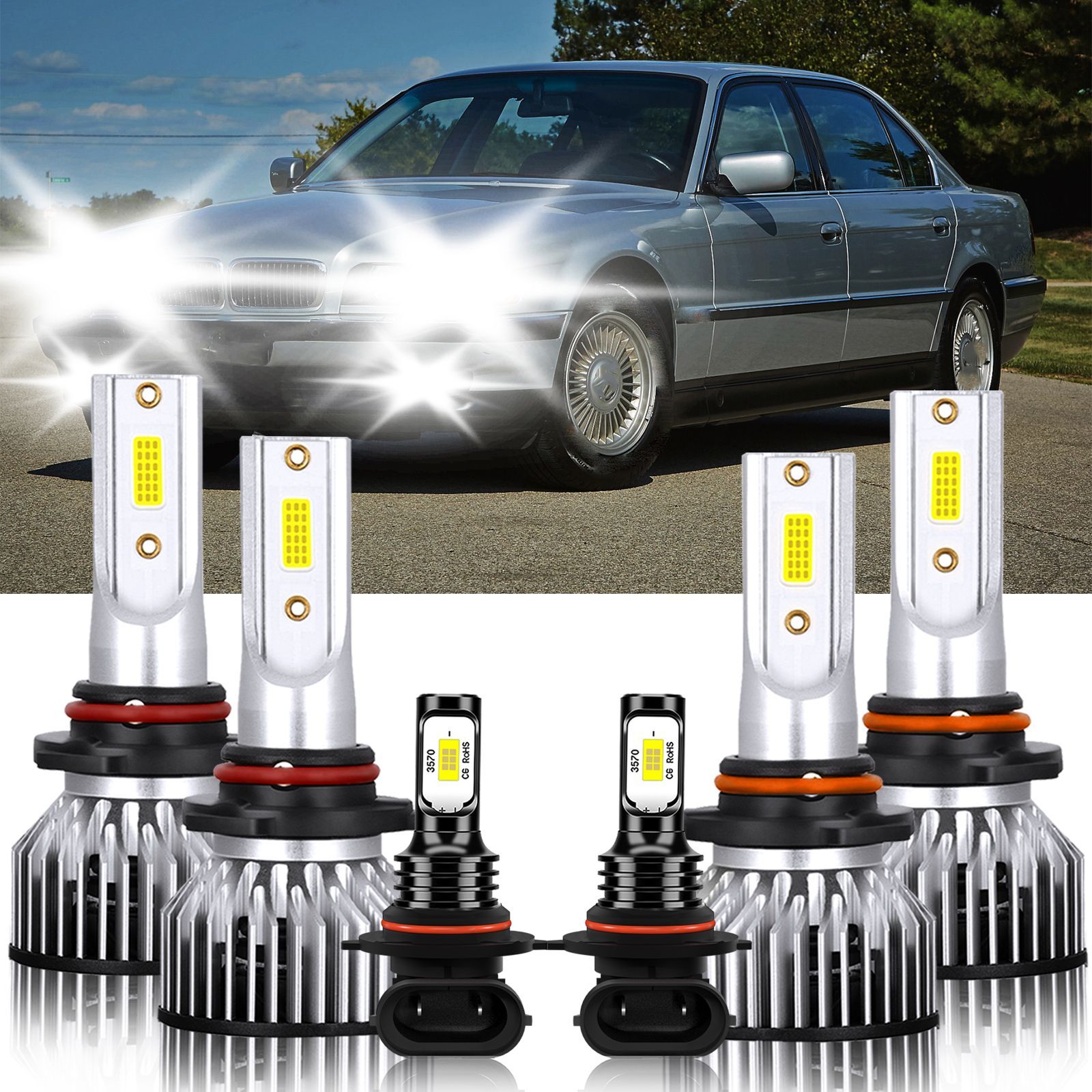 For BMW 750iL 1993-1994 6x LED Headlight Hi/Lo+Fog light Combo White Bulbs 6000K