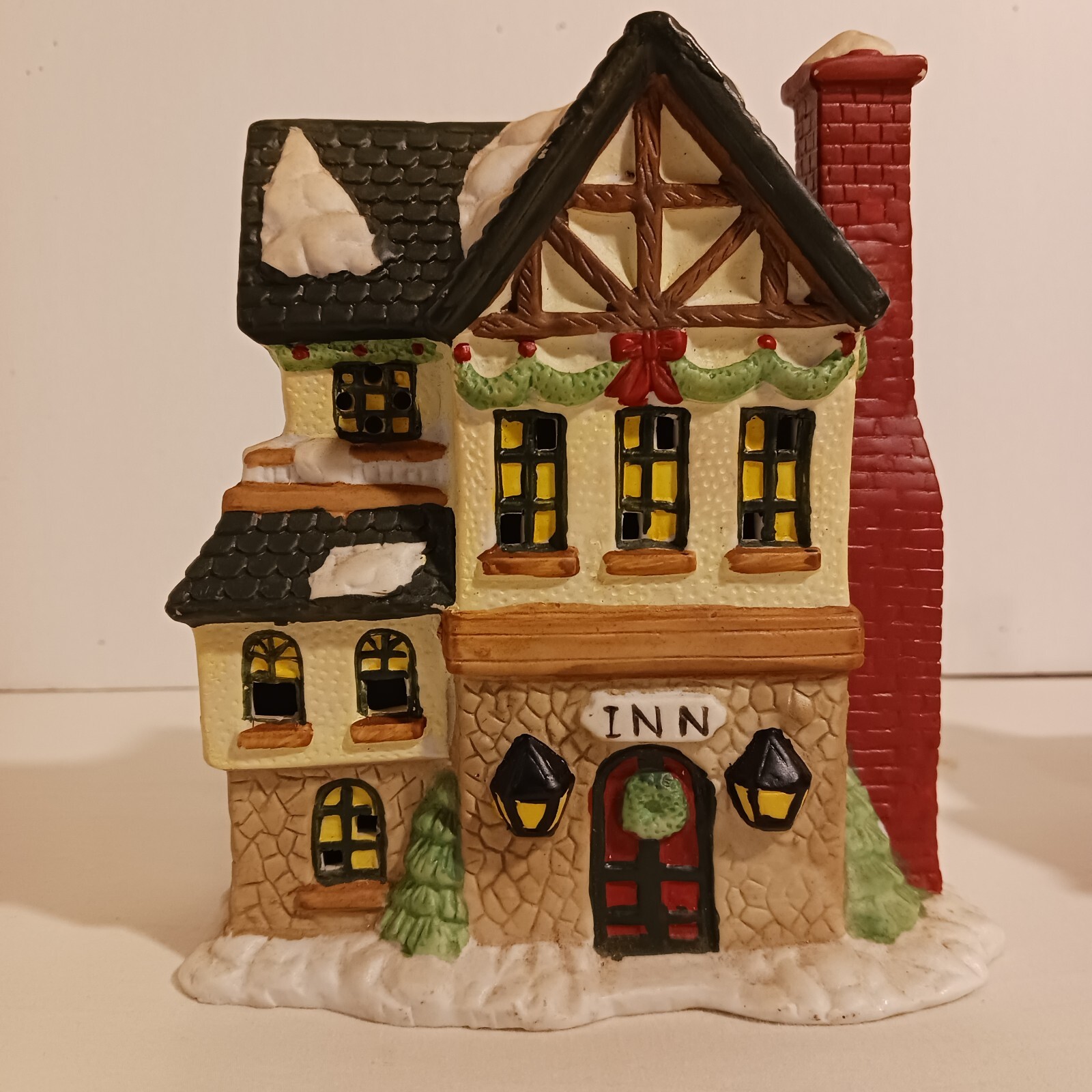 2 Vintage Porcelain Christmas Village Buildings TRAIN STATION & INN 6.5"