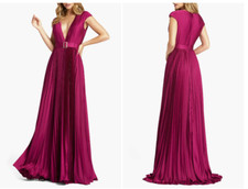 MAC DUGGAL 26285 PLEATED PLUNGE NECK BELTED SATIN RASPBERRY GOWN sz  8