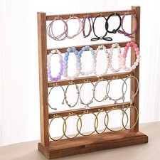4 Tier Bracelet Holder, Wooden Display Stand with 24 Removable Metal Hooks Rack