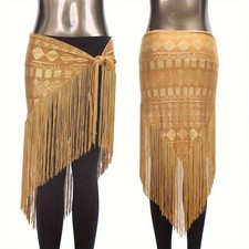 Retro Style Long Tassel Belly Dance Hip Scarf Bronzing Fabric Ladies Latin Dance