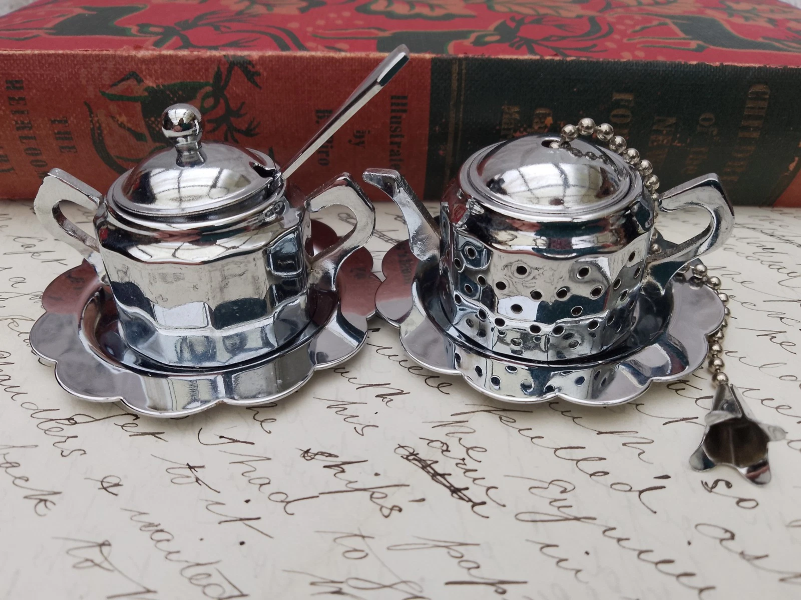 Vintage Chrome Tea Infuser Teapot And Teapot Lidded Sugar Bowl With Spoon Set