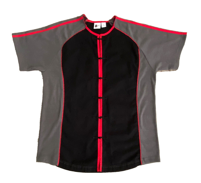 100% Cotton Kung Fu Jersey Style Black, Grey & Red Top - Unique