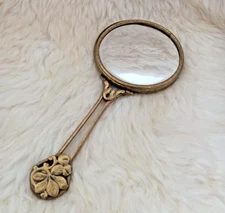 Vtg Ornate Filigree Leaf Hand Mirror Art Nouveau Victorian Style Brass or Bronze