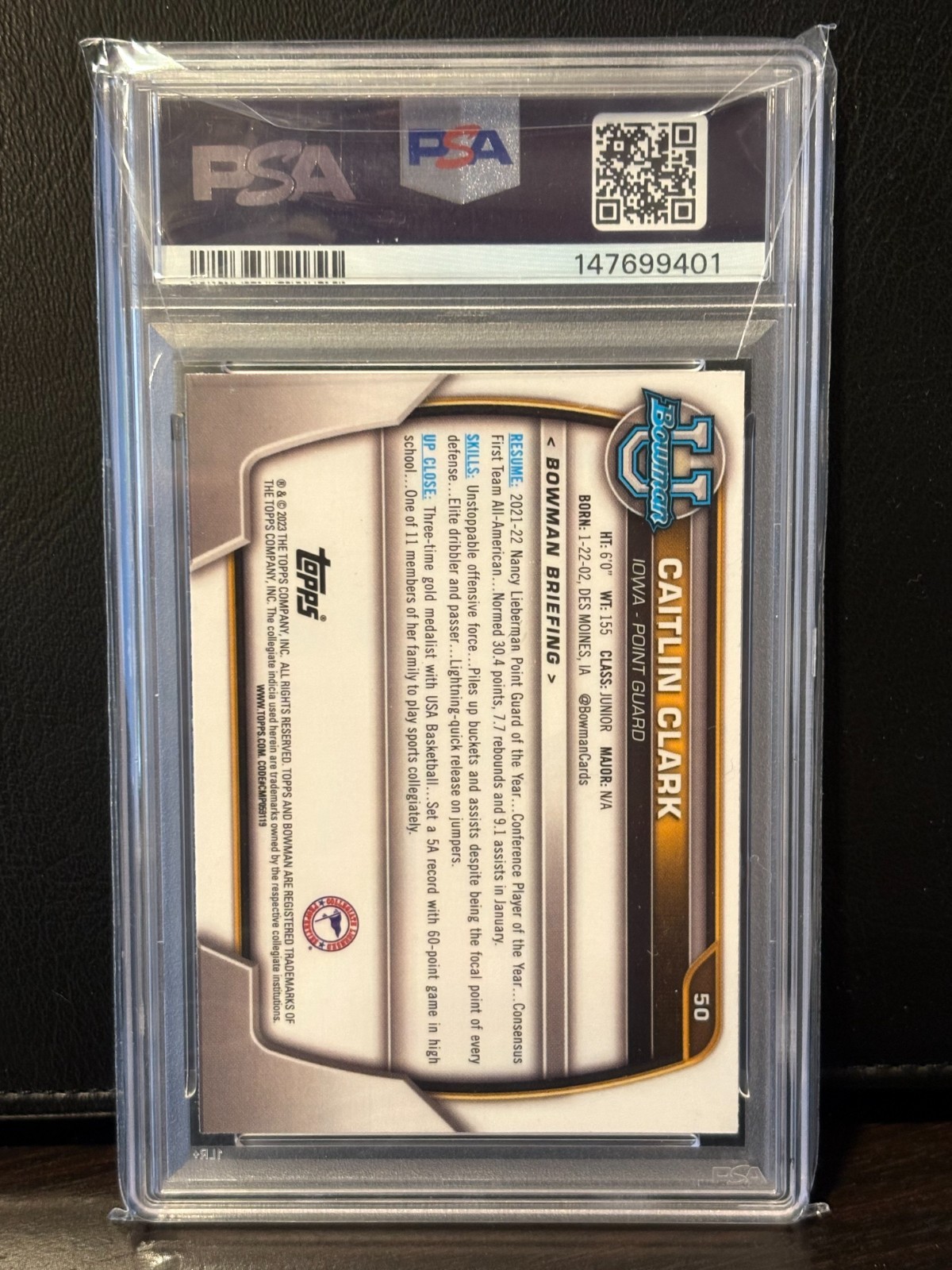 2022-23 Bowman University Chrome - Caitlin Clark #50 (RC) PSA 7 view 2
