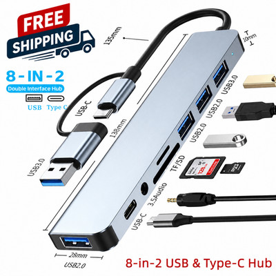 8 in 2 USB C Hub Splitter Multiport Adapter Audio Jack SD Card Reader Laptop