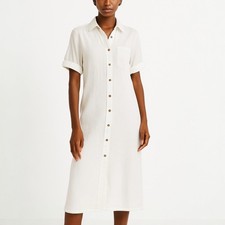 Zara Women's White Linen Button Down Collar Short Sleeve Midi Shirt Dress Sz XS