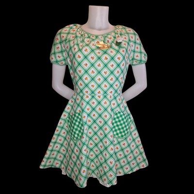 Vintage Betty Barclay Kleid 70er Jahre - Grün-Weiß Karomuster mit Puffärmeln S
