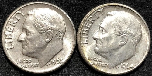 1963-D 1964-D SILVER DIME COIN LOT 2 pc AU+