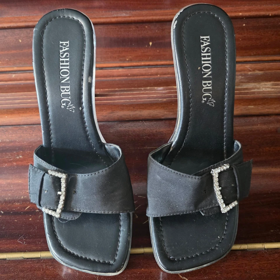 Vintage Fashion Bug Rhinestone Buckle Clear Heel Mules Slides Sandals - Image 2 of 4