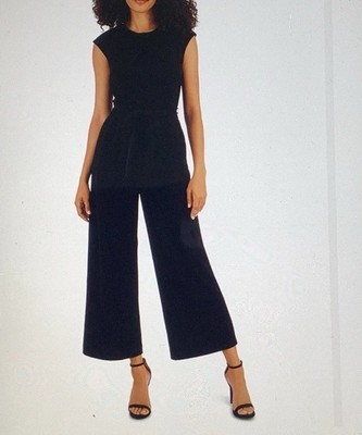 Tahari ASL Women's Black Pleated Neck Wide Leg Jumpsuit Petite Size 14P 