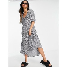 Mango Check Pattern Midi Dress US 10 Gingham Puff Sleeve Midi Dress