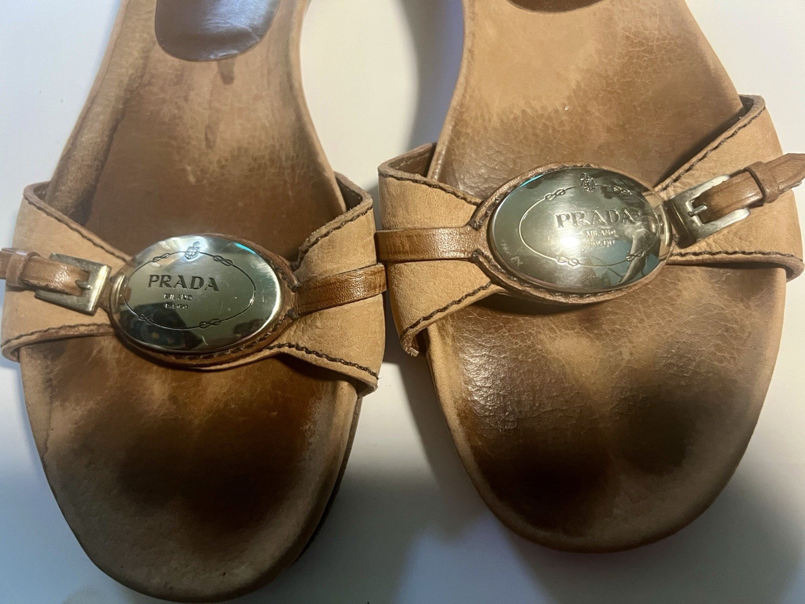 Prada Brown Leather Buckle Silver Logo Sandals Size 37 1/2 thumbnail 3