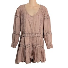 Free People FP One Lace Crochet Tiered Mini Dress Boho Button Front A-Line