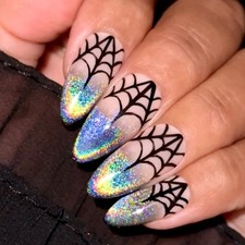 Halloween Press on Nails Medium Almond Fake Nails with Designs Spider Web Blu...