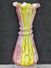 Vintage Spatter Glass Vase Pink Yellow End of Day Ribbed Ring Neck Art Glass