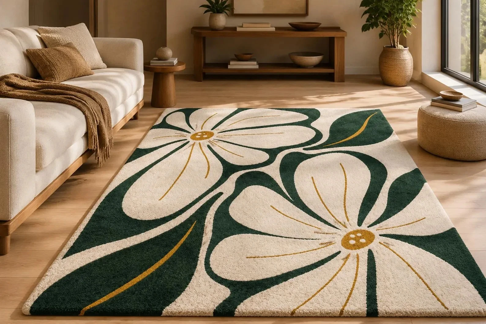 Handmade Floral Wool Rug Modern Botanical Area Rug Cream Green Home Decor Carpet