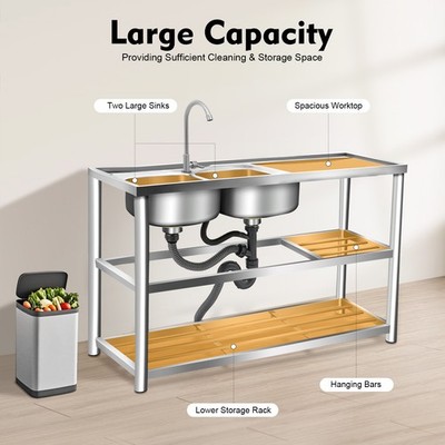 Stainless Steel Commercial Sink Utility Sink 2 Compartment Kitchen w/Prep Table