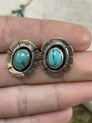 VINTAGE Native American SILVER and 12Kgf TURQUOISE stud earrings SENSA EUSTACE - Picture 8 of 10