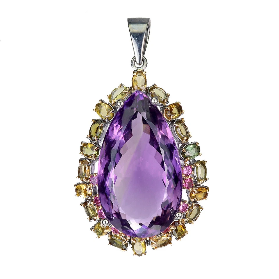 925 Sterling Silver Pendant Pear Amethyst 51ct Gemstone jewelry Handmade - Image 2 of 4