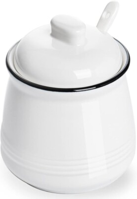Ceramic White Sugar Salt Bowl Black Trim Lid Spoon 12 oz Kitchen Coffee Tea New