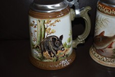 3 Bierkrüge mit Zinndeckel,Bierkrug Jagdmotiv,Jagd,Fischen,alter Bierkrug,Bier