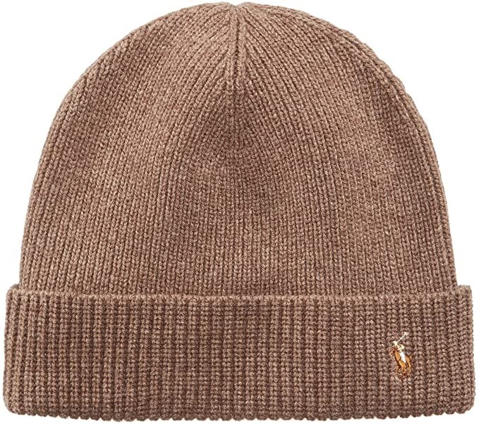 POLO RALPH LAUREN SIGNATURE PONY POLSINI LANA MERINO MAGLIA BERRETTO MARRONE MIELE NUOVO CON ETICHETTE