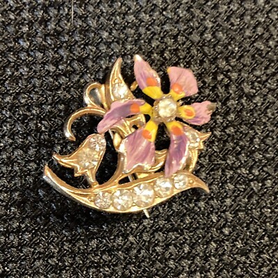 Vintage Enamel Purple Orchid Brooch Rhinestone Details Gold Tone 1'' x 1'' Pin