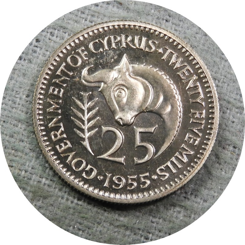elf Cyprus British 25 Mils 1955  Bull  Proof only 2,000 minted