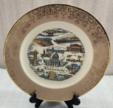 MINNESOTA state vintage collector's plate 10" gold trimmed design 