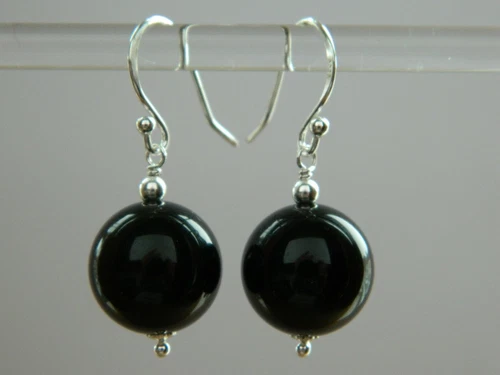 Large 14mm Black Onyx Gemstones & Silver Drop Elegant Handmade Earrings - Picture 6 of 13