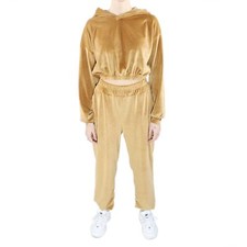 Tuta Donna Ciniglia TG UNICA Felpa Cropped 3/4 Cammello con Cappuccio