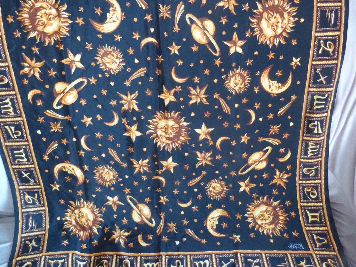 Gianni Versace Zodiac Silk Sun Moon and Stars Black Gold Yellow