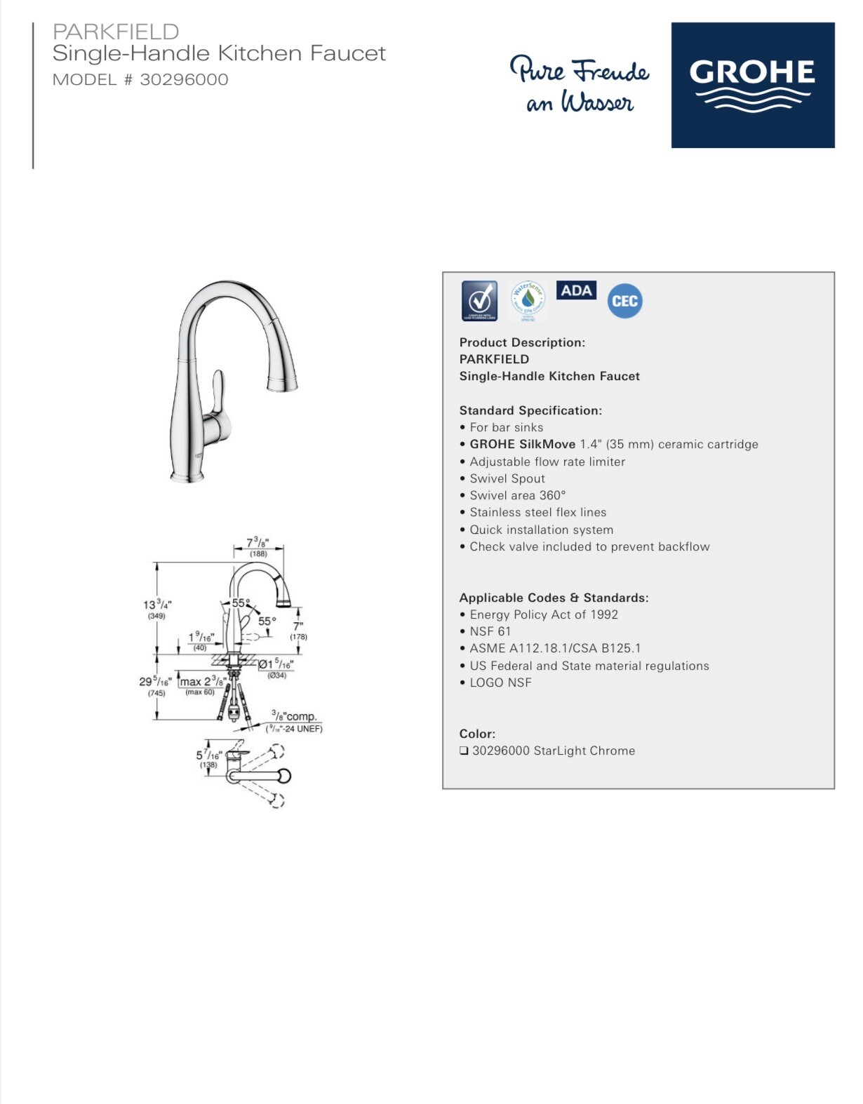 GROHE 30296DCO PARKFIELD SINGLE-HANDLE PULL DOWN DUAL SPRAY PREP FAUCET 1.75 GPM