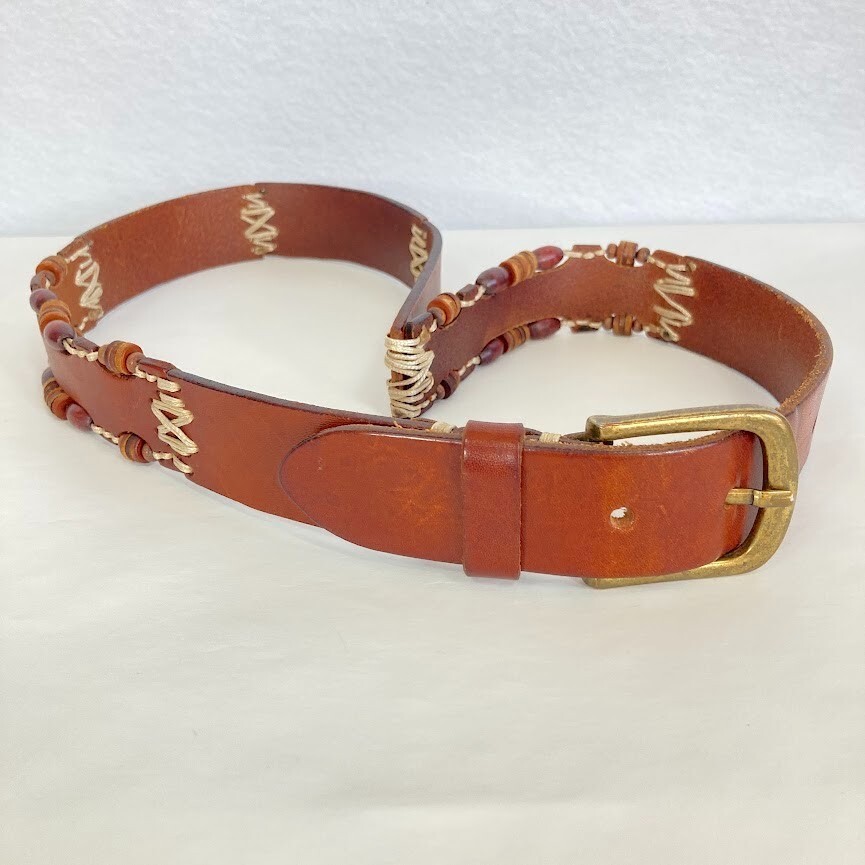 Omega Rustic Beaded Leather Belt | MEDIUM Omega Leather Belt Wooden Beaded Distressed 82291 Brown  main image 3