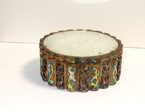 RARE 19TH CENTURY CHINESE BRONZE CLOISONNE REPOUSSE OPEN ENAMEL MIRROR JAR BOX