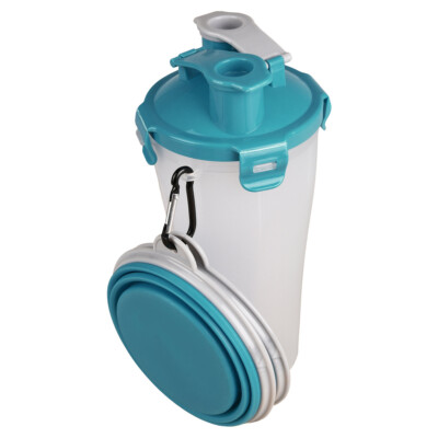 Flamingo 2-in-1 Trinka Flasche Wasser & Futter blau/grau für Hunde, 13x13x23 cm