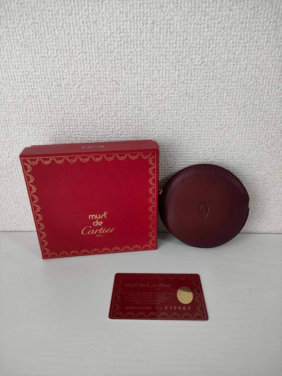 100% AUTH CARTIER VINTAGE LEATHER ROUND COIN PURSE BORDEAUX RED 