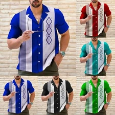 Mens Casual Vintage Bowling Shirt Retro Striped Short Sleeve Button Down Shirts