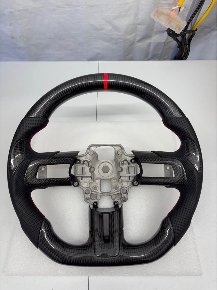 2018-2023 Ford Mustang Carbon Fiber Flat Bottom Steering Wheel Red Stripe w Trim