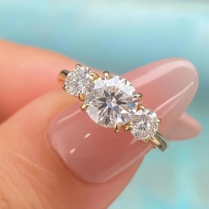 Authentic 2Ct Lab Created Moissanite Three Stone Engagement Womens Ring 14K Gold Plated