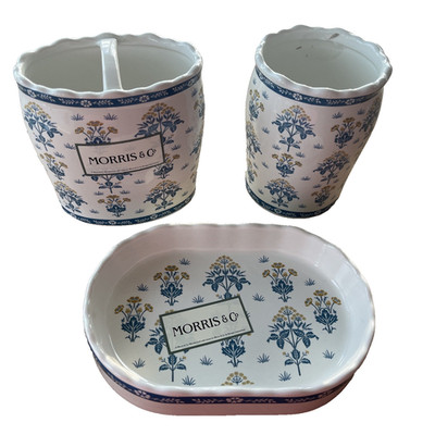 Morris & Co~Vanity~Accessory Set~DAISY~Ceramic~blue Floral~3 pcs~NWT~