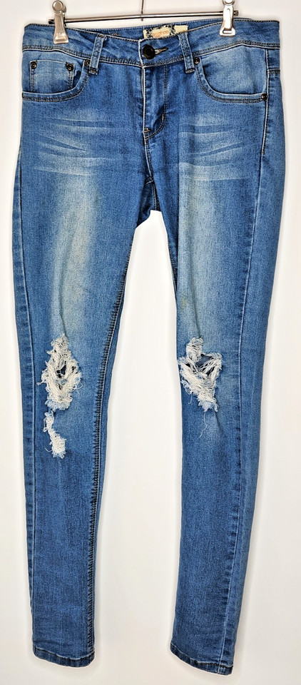 Boo Hoo  Mid Blue stretch low-rise skinny distressed leg jeans Sz 8 Women's