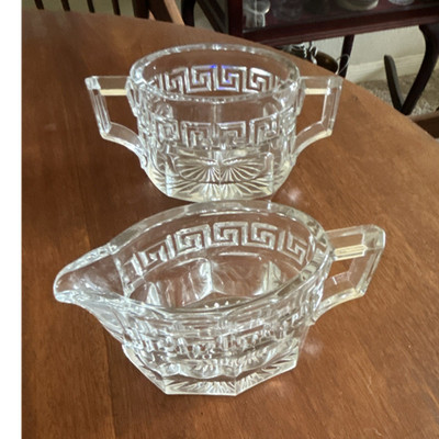 Clear Glass Greek Key Pattern Creamer & Sugar Bowl Set w/ Handles