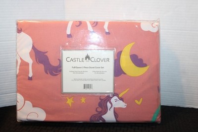 (JM) Castle and Clover  Full/Queen 3 Piece Pink Unicorns Duvet Cover Set w/Shams