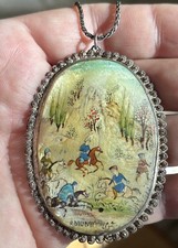 Collier ancien pendentif coquillage coquillage persan peint à la main 18" en argent massif